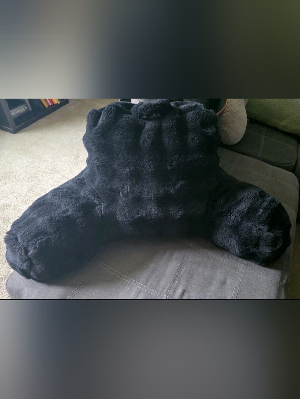 Black Fluffy Comfort  Backrest Pillow With Front Pocket For Remote